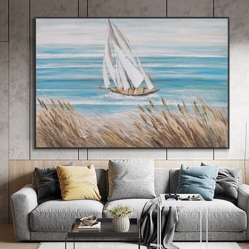 Abstract Sailboat On The Sea Painting 100% Hand Painted On Canvas Modern Wall Art Pictures For Bedroom Living Room Decoration