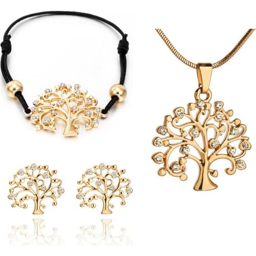 Hot Sale Jewelry Set For Women Silver Plated Tree of Life Wedding Gift Choker Necklace Elastic Adjustable Bracelet Stud Earrings