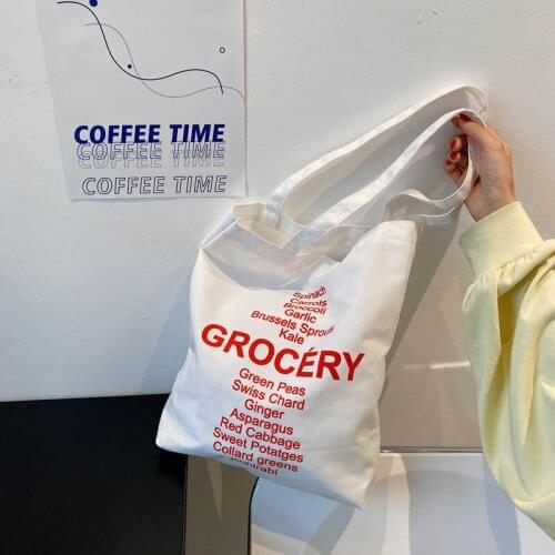 Letter Print Girls Student Canvas Handbags Large Capacity Women Tote Shoulder Bag Simple Female Reusable Grocery Shopping Bags