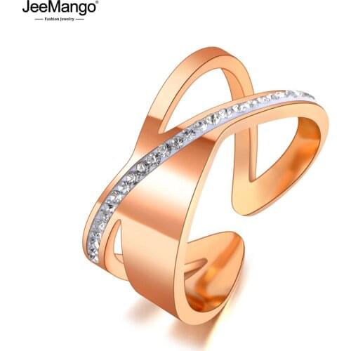 JeeMango Trendy Stainless Steel X Cross Shape Party Rings Rose Gold CZ Crystal Wedding Ring Jewelry For Women Кольца JR20048