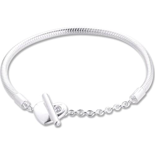 Moments Heart T-Bar Snake Chain Bracelet 925 Original Sterling Silver Bracelets for Women DIY Charms Jewelry Making pulseras