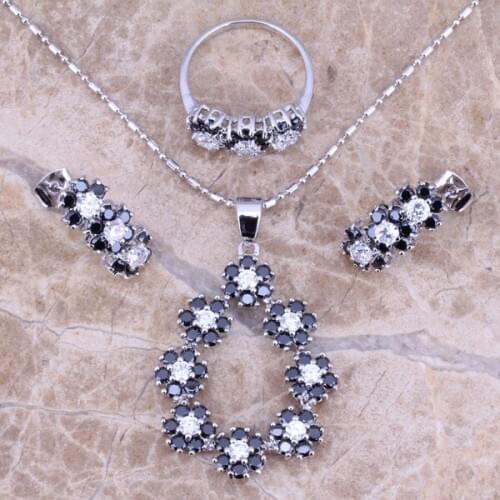 Black Cubic Zirconia White CZ Silver Plated Jewelry Sets Earrings Pendant Ring Size 6 / 7 / 8 / 9 / 10 S0146