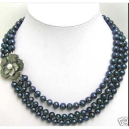 New 3 Row 7-8mm Black pearl Necklace Flwoer Shell Clasp