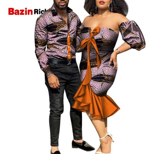 Couples Matching African Clothes Long Sleeve Shirt Top Men and Women Strapless Maxi Dress Ankara Dresses Wedding Party WYQ584