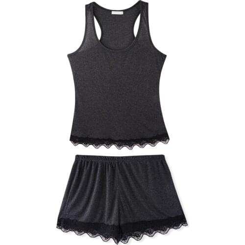 Solid Lace Patchwork Tank Tops Shorts 2Pcs Pajamas Sets for Women Sleepwear Sleeveless Casual Soft Pajama Woman Suit Clothes