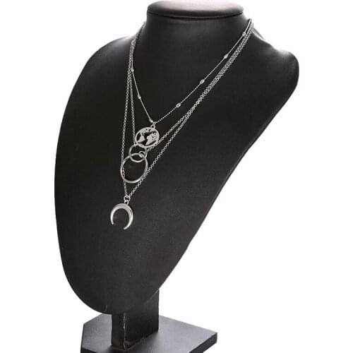 New Fashion Retro Moon World Map Circle Pendant Multilayer Gold Colodr Necklace Party Charm Jewelry Accessories for Women