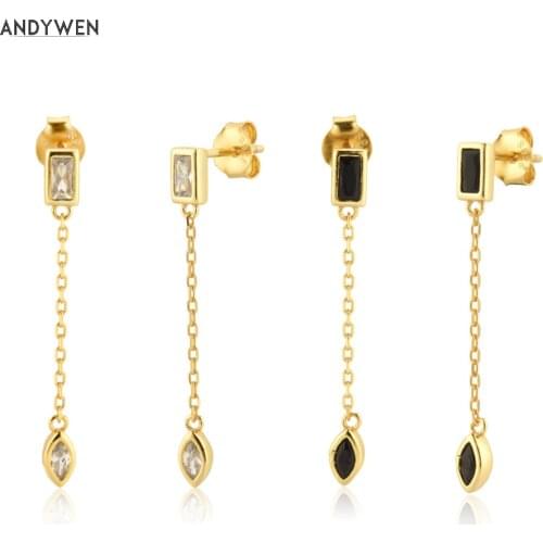 ANDYWEN 925 Sterling Silver Gold Zircon Pave Chain Drop Earring New 2021 Wedding Gift Rock Punk Line Jewelry Clips Pendant