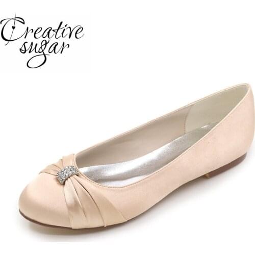 Creativesugar Elegant lady wedding party dress flats rhinestone knot brooch slip on bridal satin dress shoes ivory purple silver