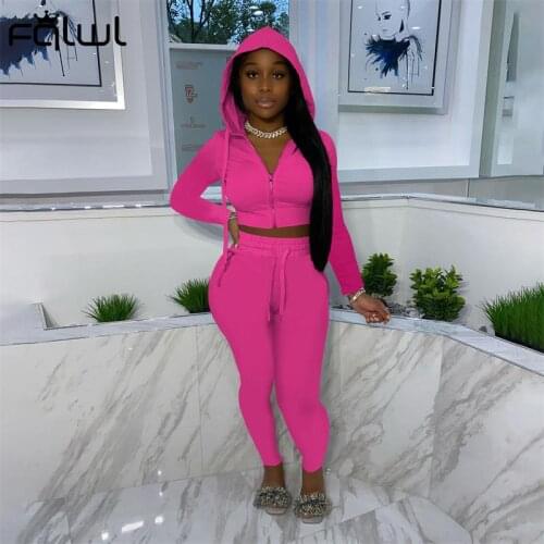 FQLWL Streetwear 2 Two Piece Sets Womens Outfits Fall Hooded Zipper Crop Top Skinny Pant Sets Solid Casual Tracksuit Women 2021