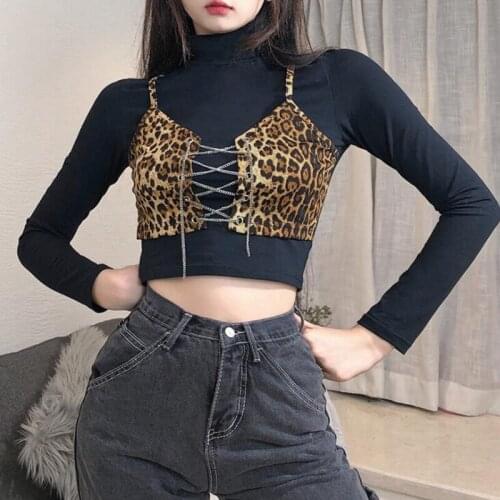 Women Full Sleeve Cotton Tshirt Slim Leopard Patchwork High Street Chain Lace Up Vintage Turtleneck T Shirt 2021 Femme Crop Tops