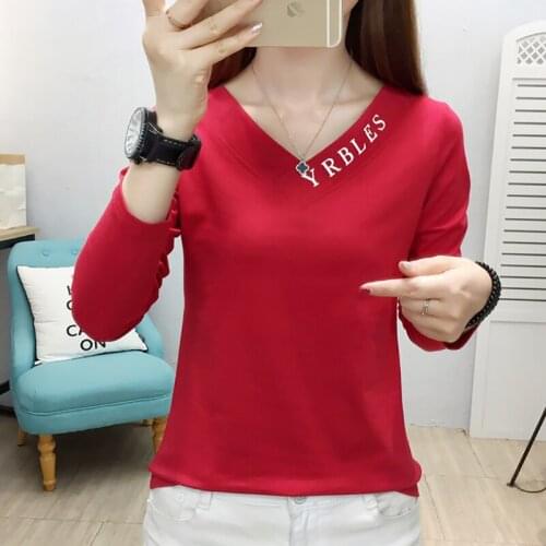 Letter V-Neck T Shirt Women Cotton New 2021 Autumn Long Sleeve Womens Tops Casual Woman Clothes T-Shirt Female Tee shirt Femme