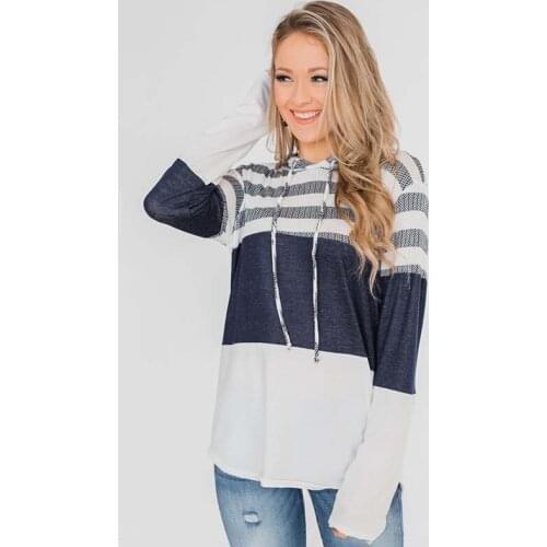 Oversized Stripe Print Patchwork Hooded Sweatshirt Women Long Sleeve Loose Drawstring Hoodies Female Casual Pullover Tops