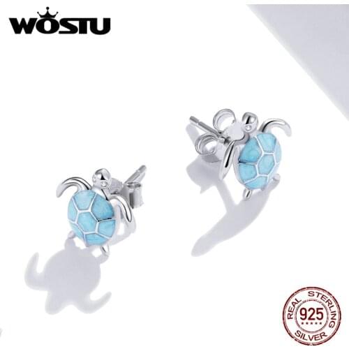 WOSTU 925 Sterling Silver Blue Turtle Earrings CZ Light Stud Earrings for Women Girls Gift Statement Fine Jewelry BKE1035