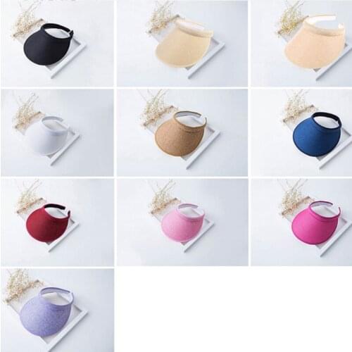 C5AA Women Ladies Summer Weave Straw Empty Top Beach Clip-On Solid Color Large Wide Brim UV Protection Breathable Sun Visor