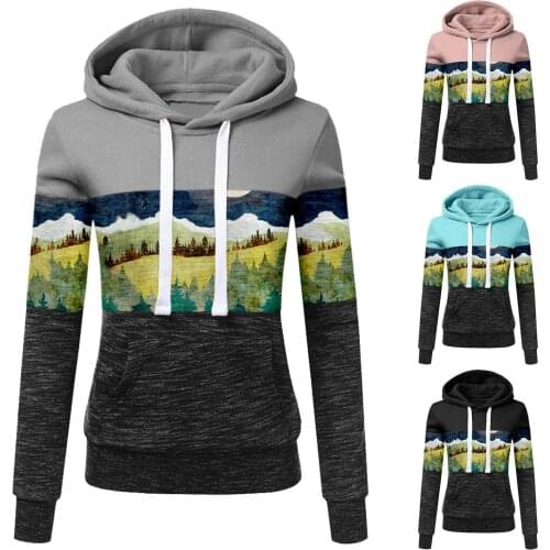 Women Autumn Winter Retro Print Sweatshirt Long Sleeve Color Block Mountain Print Hoodie Pullover