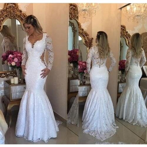 Lace Long Sleeve Mermaid Wedding Dresses Plus Size 2020 Elegant Arabic Bridal gowns Vestidos Covered Buttons Wedding gown