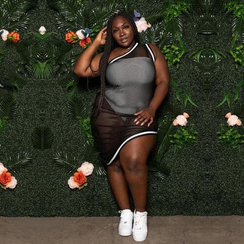 CM.YAYA Women Sexy Club Pary One Shoulder Irregular Mesh See Though Bodycon Dress Bodysuit Suit Two Piece Set Plus Size XL-5XL