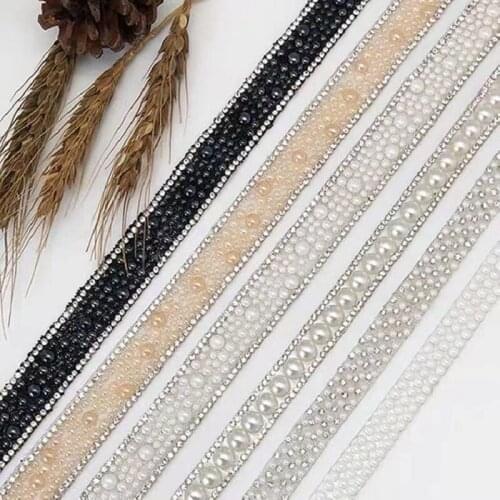 Hotfix Pearl Diamond Crystal Ribbon Trimming 1Yard/Lot Rhinestone Chain Tape Fabric Applique Banding for Accessories