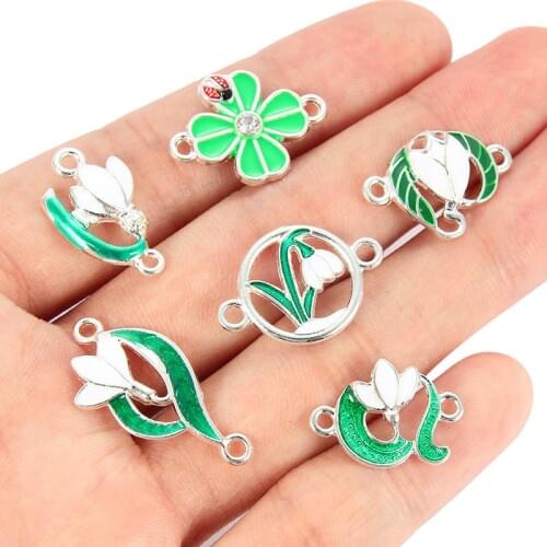 10PCS Mixed Style Enamel Green Plant Flower Leaf Charms Connector For Women Girls DIY Necklace Bracelet Jewelry Accessories