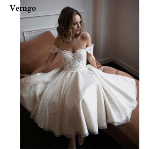 Verngo A Line Glitter Lace Short Wedding Dresses Light Champagne Off Shoulder A Line Bridal Party Gowns Tea Length Formal Dress