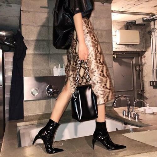 Spring Patent Leather Ankle Boots Sexy Shiny Pointed Toe Zipper High Heels Shoes Woman Strange Heel Design Shoes Ladies