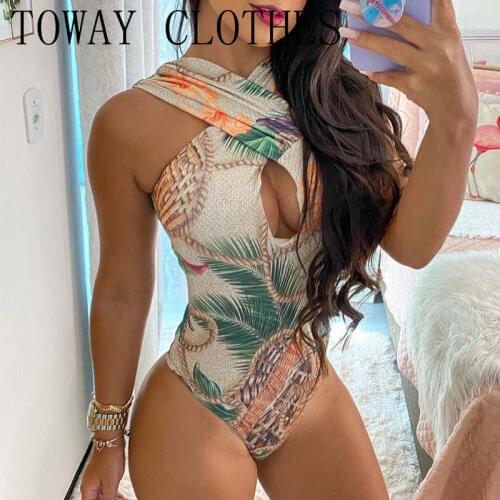 Sleeveless Wireless Bra Halter Cutout Front Tropical Print One Piece Swimsuit Vacation Sexy Beach Wear Swimwear