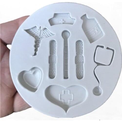 Nurse Theme Fondant Mold Nurse Hat Stethoscope Pill Bottle Bandage Thermometer Medical-Candy Silicone Resin Mold Tools
