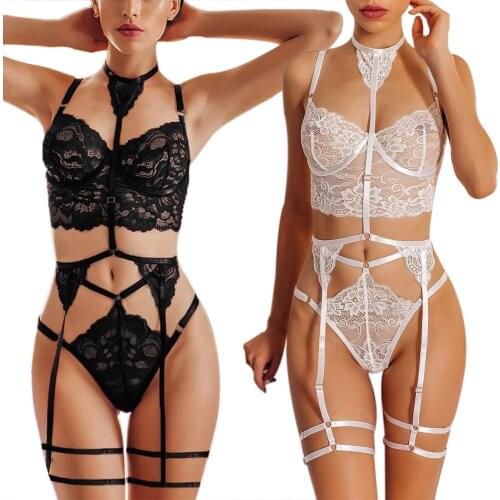 Three Pieces Sets Women Sexy Lingerie See -Through Lace Spaghetti Vest + High-Waist T-Back Panty + Garters Belt Choker Bodysuit