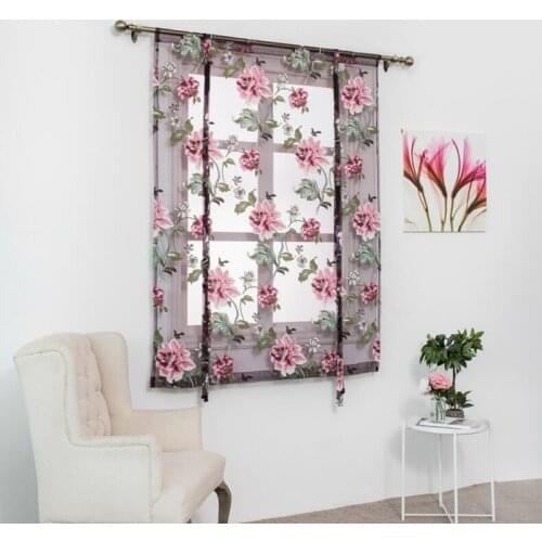 Peony Flower Type Roman Short Curtains Use for Living Room Kitchen Burnt-out Flower Tulle Semi-shading Curtains