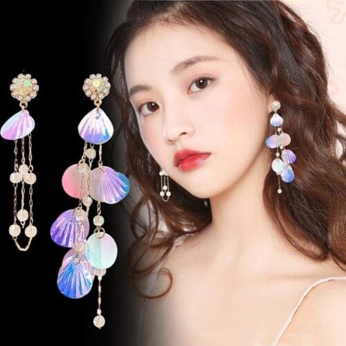 Colorful Shell Asymmetric Earrings S925 Sterling Silver Needle long Crystal Tassel Earrings Pendant Fashionable Personality Earr