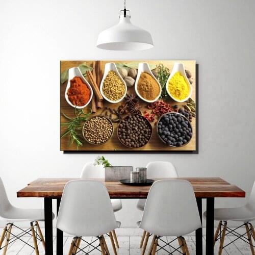 Colorful Spice In Spoon Gather Together In Table Granulate Slice Pices Wall Art Canvas Painting Print Food Picture Home Decor
