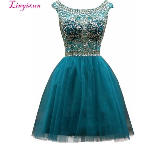 Linyixun Real Photo Crystals Beading Homecoming Dresses Cap Sleeves Scoop Neck Tulle Short Prom Dresses Luxury Cocktail Dresses