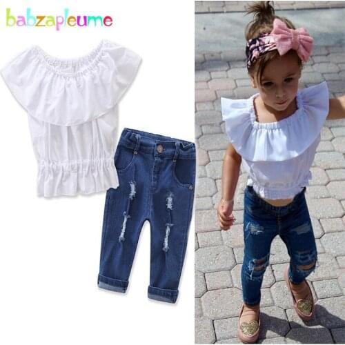 2PCS/2-7Years/Spring Summer Kids Fashion Clothes Baby Outfits Cute White Girls T-shirt+Jeans Korean Children Clothing Set BC1248