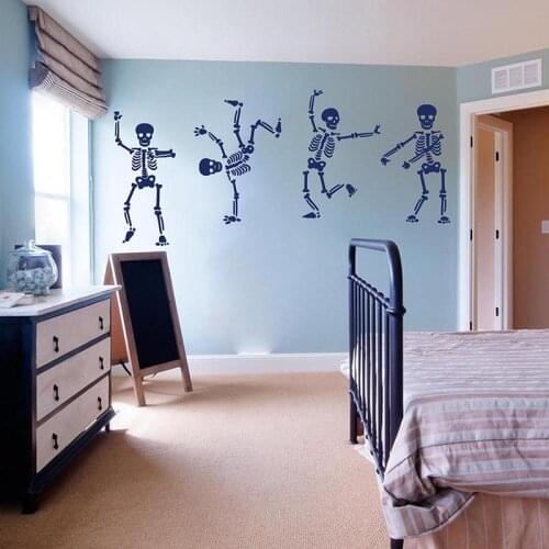 Cartoon 4Pcs Halloween Skeleton Dance Wall Sticker Kids Room Bedroom Skull Skeleton Battle Royal Game Wall Decal Playroom Vinyl