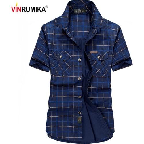 VINRUMIKA Big Size M-5XL 2020 Summer mens casual brand army green grid short shirt man 100% pure cotton khaki plaid shirts tops