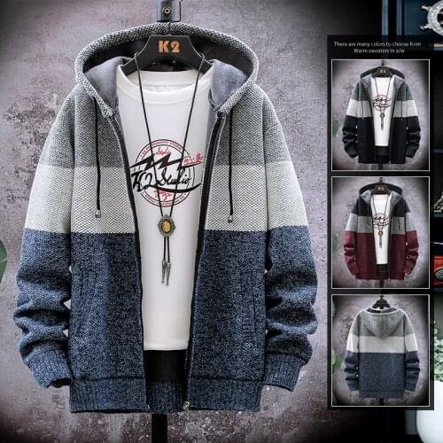 Mens cardigan sweater 2021 new spring and autumn Hooded Sweater Plush thickening Korean fashion zipper thermal stitchin