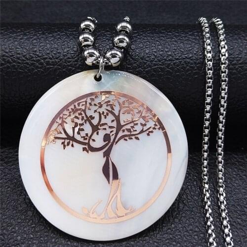 Stainless Steel Shell Necklaces Pendants Tree of Life Rose Gold Color Women Necklace Jewelry sautoirs femme longs N1923