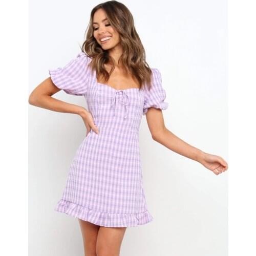 Ardm Squre Neck Purple Plaid Short Sleeve Backless Summer Dress Elegant High Waist Ruffled A Line Mini Dresses For Women Praty