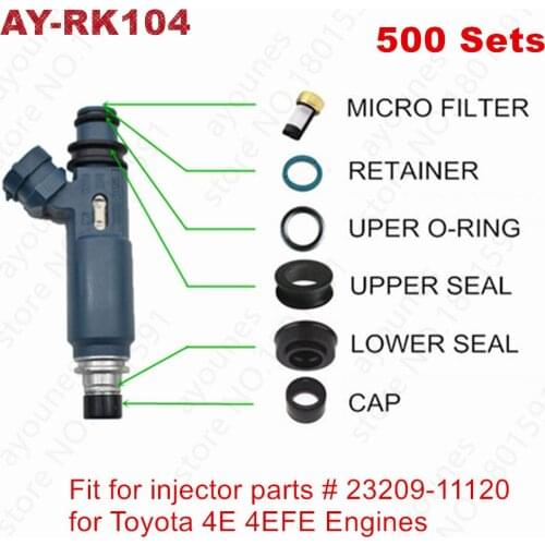 500sets fuel injector repair kit for Toyota 4E 4EFE Engines OEM 23250-11120 2325011120 rubber seals kits cap filter (AY-RK104)