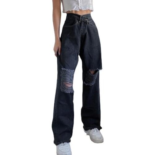 Sexy Hollow Out Ripped Jeans for Women Casual Loose High Waist Straight Leg Jeans