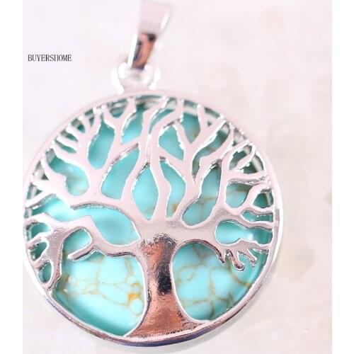 Silver Color Tree of life Round Necklace Pendant 25MM Natural Stone Green Howlite 1Pcs K419