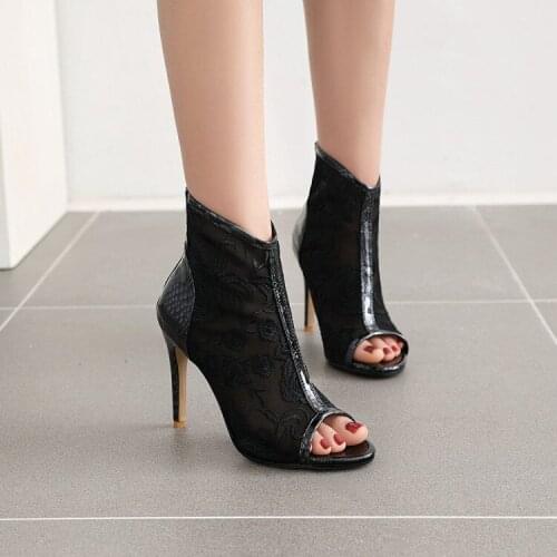 High heels 2020 mesh boots womens summer hollow fish mouth embroidery mesh cool boots sexy breathable zipper thin heel sandals