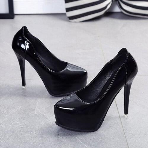 Pointed nude color high heel stiletto waterproof platform black single shoes female spring and autumn 12cm sexy red shoes U14-36