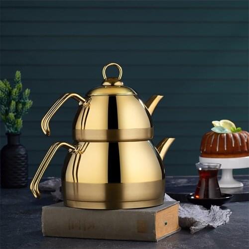 Vip Ahmet - Golden Yellow Teapot, Stainless, Made of Steel, Luxurious Appearance, 100% Original Turkish Product, Herbal Brewing, Coffee, Kitchen Accessory, Kettle, Bamboo, Bowl, High Quality, Traditional, VP-411