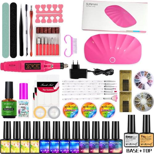 WiRinef UV Lamp Dryer Manicure Set Choose 12 Colors Nail Gel Polish & Base Top Coat Kit With Electric Manicure Polisher