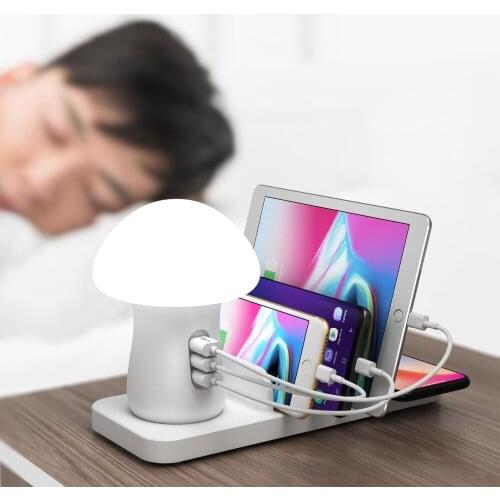 Multiple USB Phone Charger Mushroom kids Lamp Charging Station for Multiple Devices 3 USB Ports with Wireless QC 3.0 USB charge