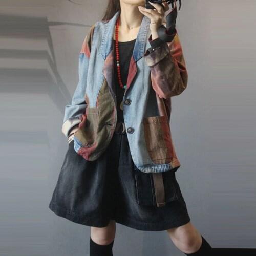 Spring Autumn Arts Style Women Long Sleeve Loose Vintage Blazers Double Pocket Cotton Denim Patchwork Blazer Femme Coat M179