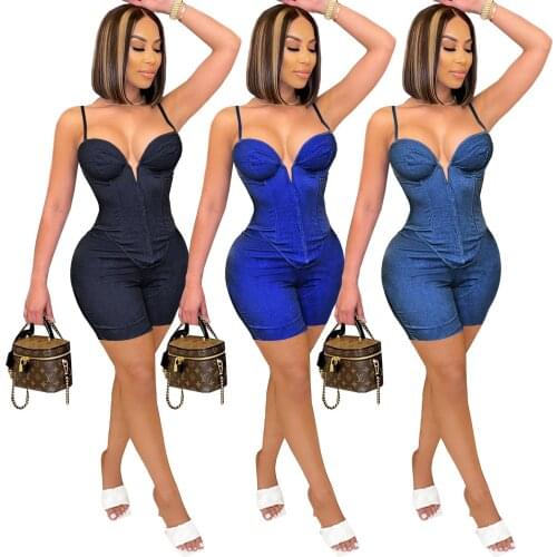 Fake Denim Women 2 Piece Set Solid Spaghetti Straps Deep V Neck Top + Skinny Biker Shorts Matching Set Sexy Night Club Outfits