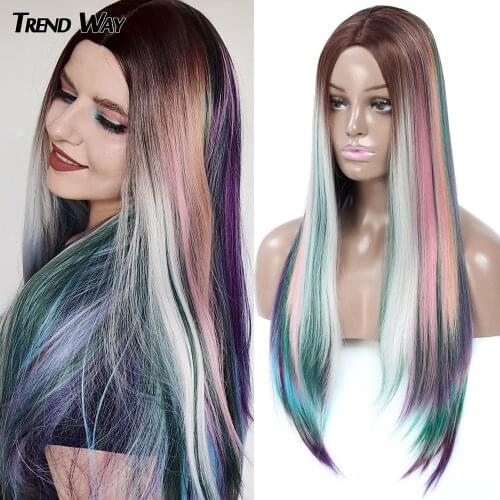 24inch Ombre Rainbow Long Straight Wig For Women Synthetic Wigs Middle Part High Temperature Fiber Hair Daily Life Cosplay