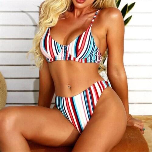 Womens Sexy Bikini Set Double-sided Stripe Print Bra Panty Swimsuit Two-piece Suit Beachwear Vacation Swimming Womens Swimwear